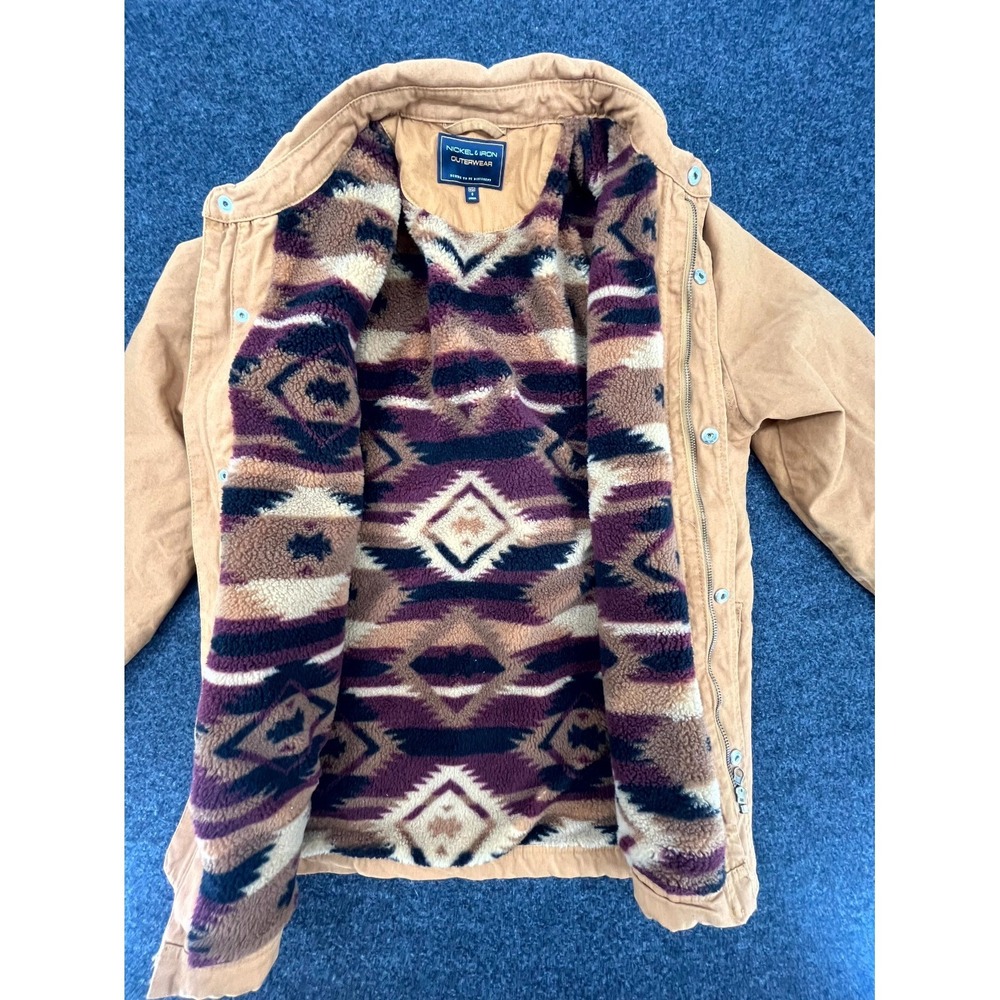 Nickel & Iron Work Jacket Mens S Tan Canvas Aztec Fleece Lined Coat Snap Front - Picture 5 of 10